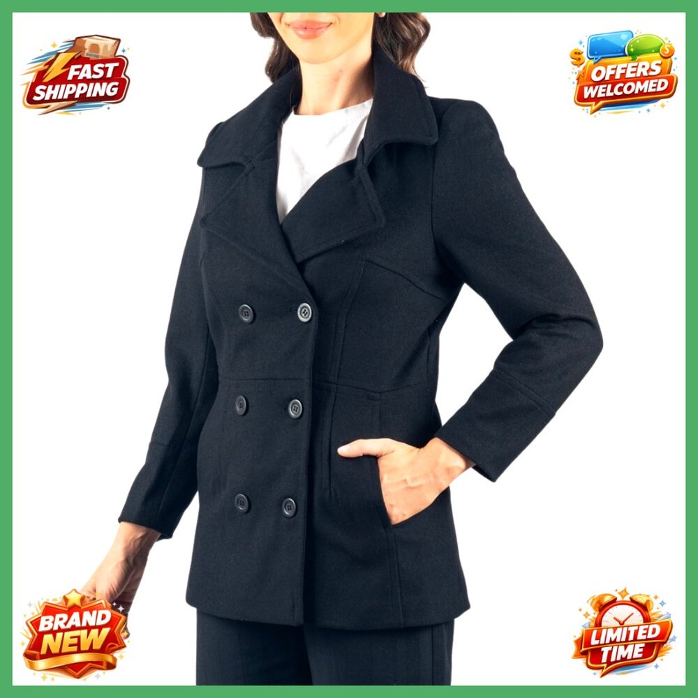 Women's Wool Blend Peacoat Double Breasted 3/4 Length Overcoat Warm